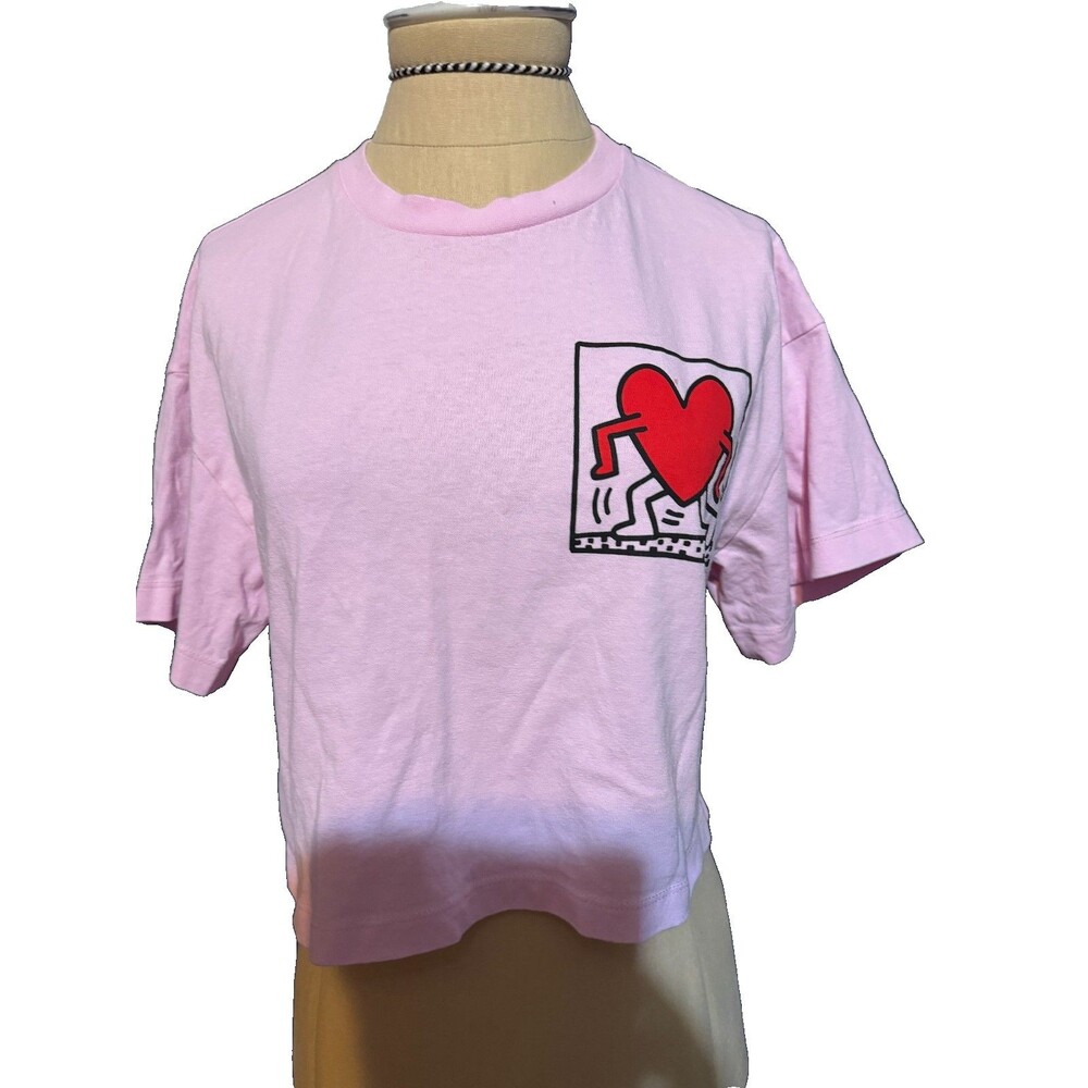 Keith Haring Cotton Graphic T Shirt Women Size S Pink Short Cropped Sleeve Tee